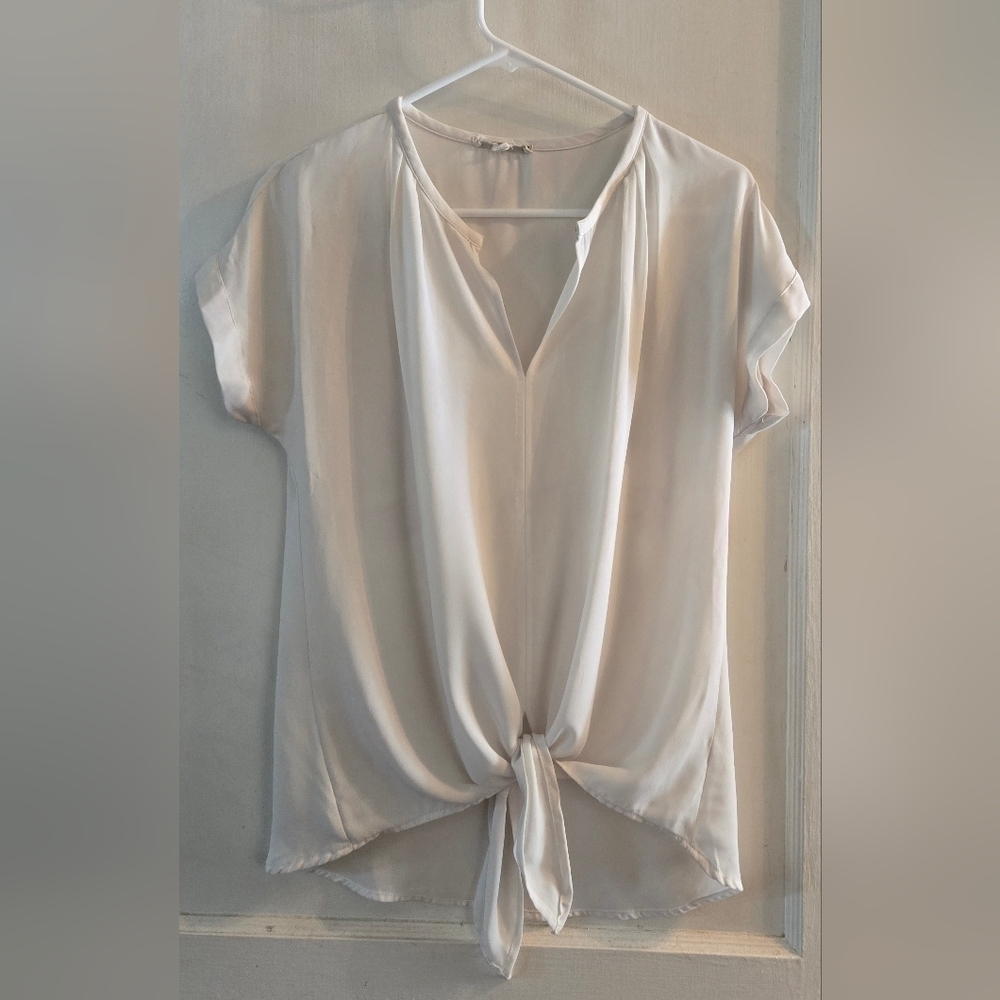 PLEIONE | Sheer High Low Top with Front Tie | Size: Small | Color: White